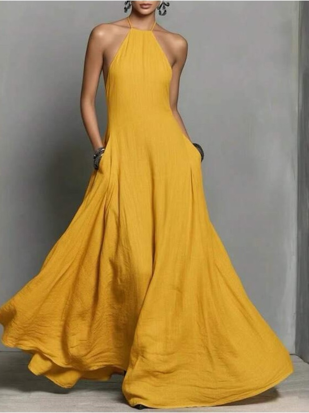 NWOT Elegant Halter Maxi Dress in Mustard Yellow